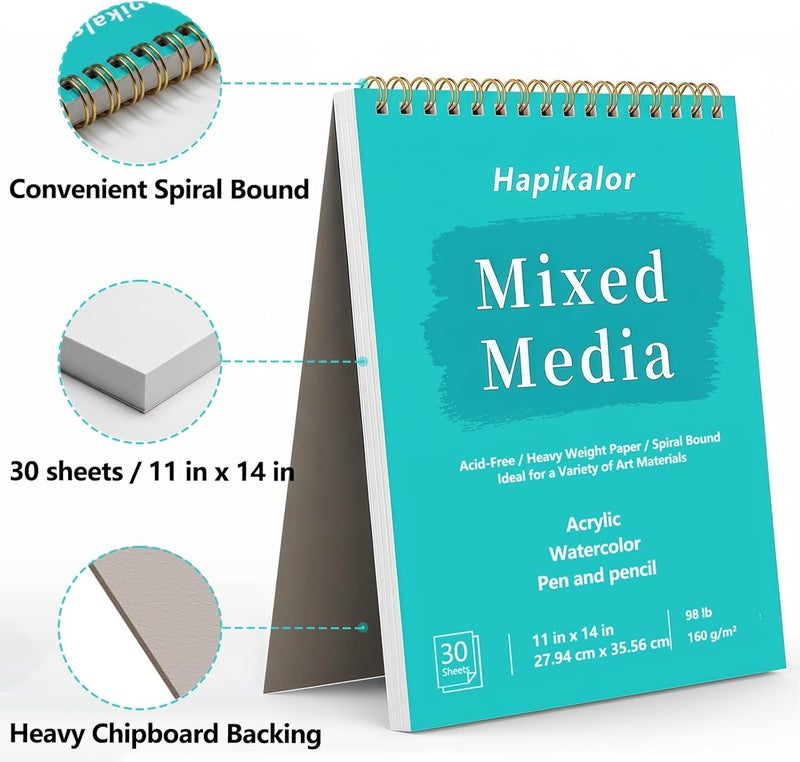 Hapikalor Sketch Book Mixed Media Pad, 11" x 14" Top Spiral Bound Sketch Pad, 30 Sheets 98lb/160gsm Acid-Free Drawing Paper, Art Supplies Sketchbook for Drawing, Sketching - Image 2